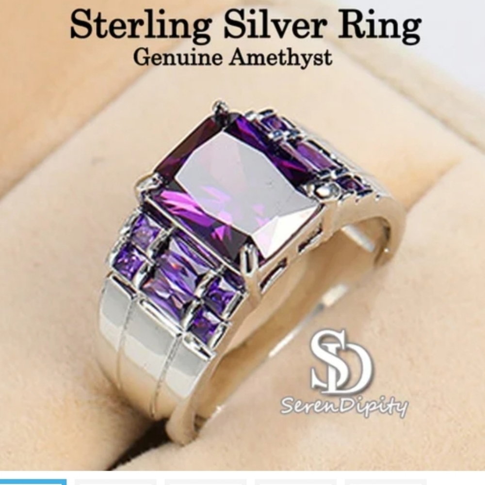 Genuine 0.925 Sterling Silver Amethyst Ring Exquisite Princess Cut Luxury - Picture 8 of 15
